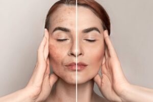 showing the before and after treatment for a woman with melasma and pigmentation in Kansas City